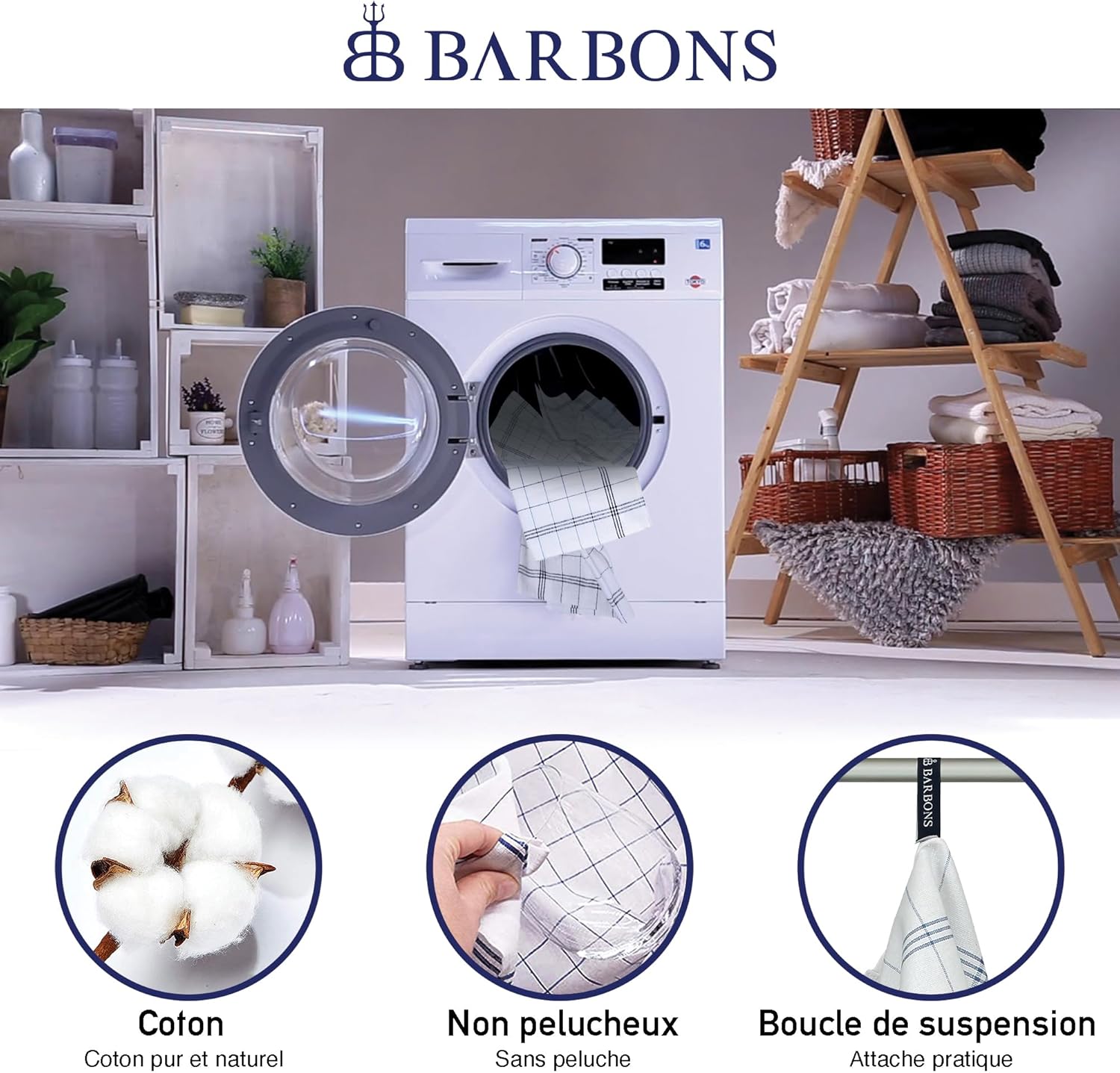 BARBONS - lot de 10 torchons - 50x70 cm - coton absorbant Oeko-TEX