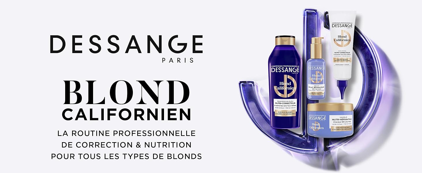 Le texte indique « DESSANGE PARIS » et « BLOND ». Publicité de produits de soins capillaires présentant un emballage teinté de violet et des éléments de design circulaires.