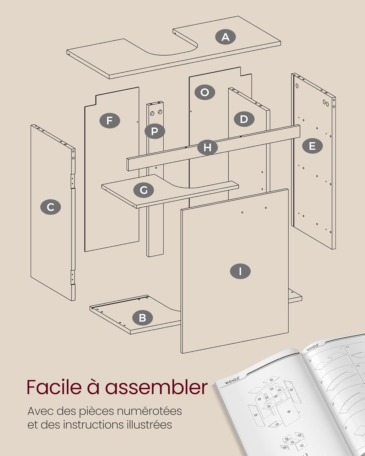 VASAGLE - meuble sous lavabo BBK504W02 - 30x70x64 cm - 3 tiroirs, 2 cases, blanc et gris