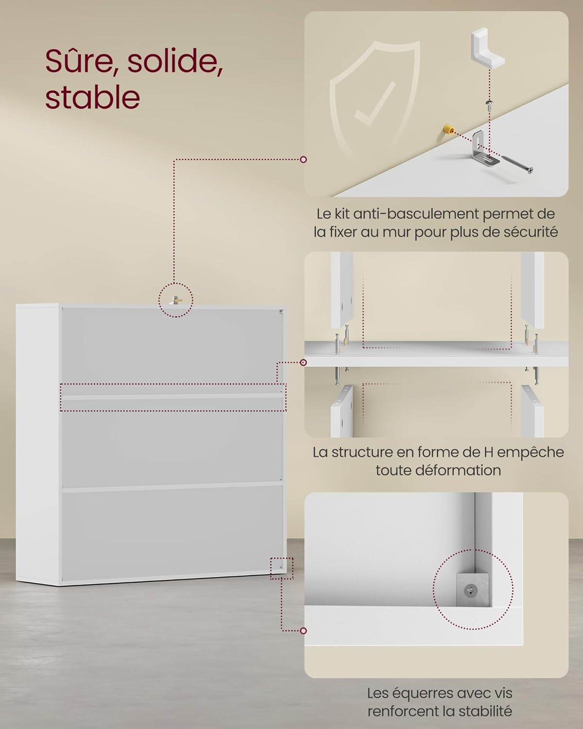 VASAGLE - bibliothèque 3 niveaux, 3 placards, 29x97,5x97,5cm LBC33WT