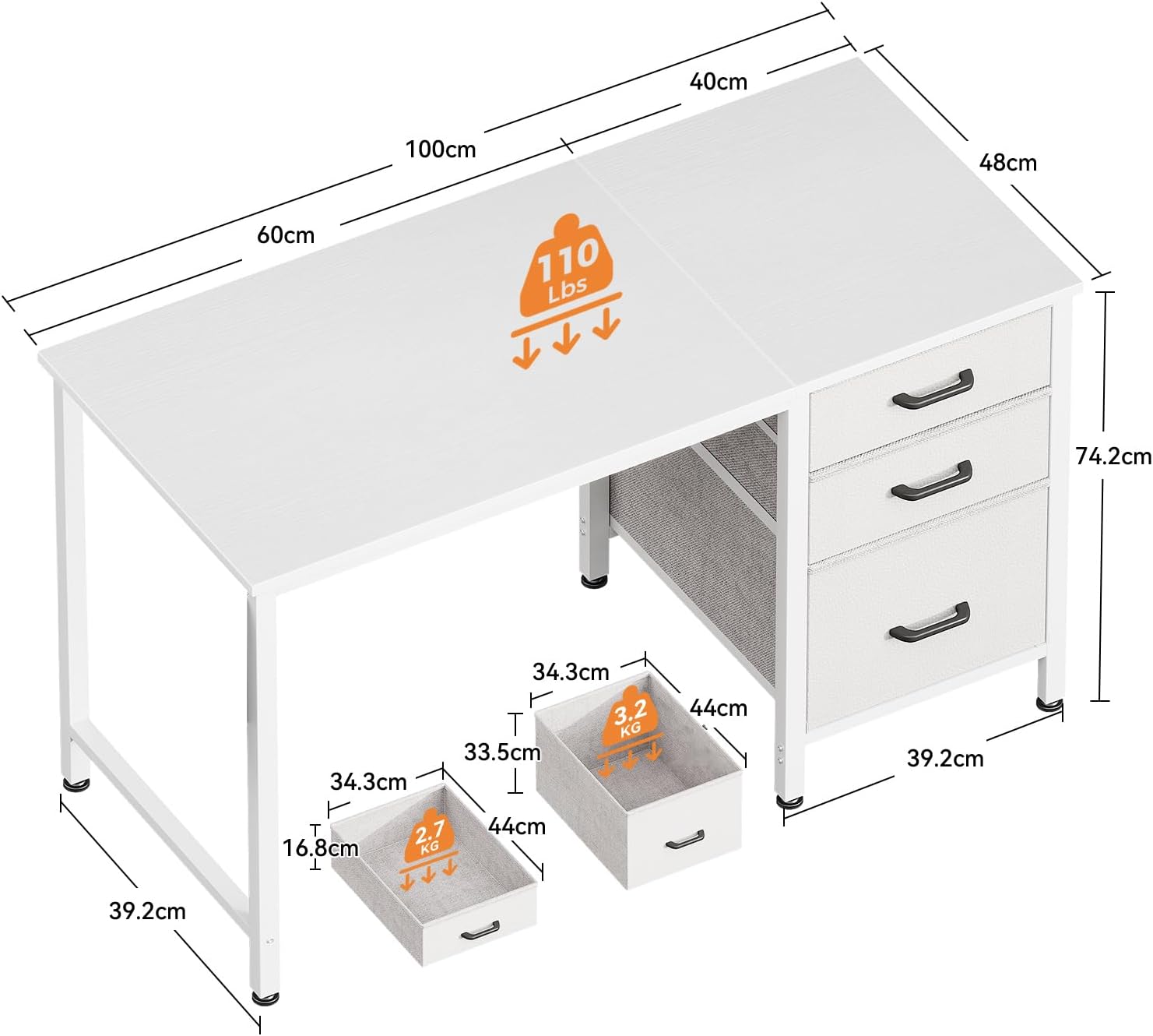 Coleshome - bureau 3 tiroirs tissu, 100x48cm, réversible, porte-casque