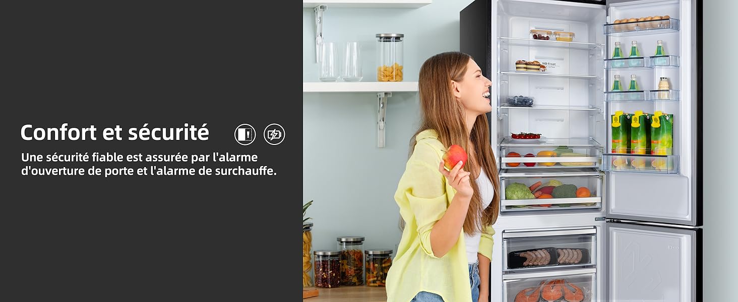 Intérieur de réfrigérateur moderne rempli de nourriture et de boissons, doté d'un éclairage LED lumineux et de multiples compartiments de rangement