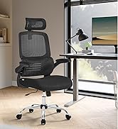 Chaise de bureau ergonomique noire avec dossier en maille, appui-tête et accoudoirs, présentée dans un cadre de bureau à domicile avec bureau et lampe
