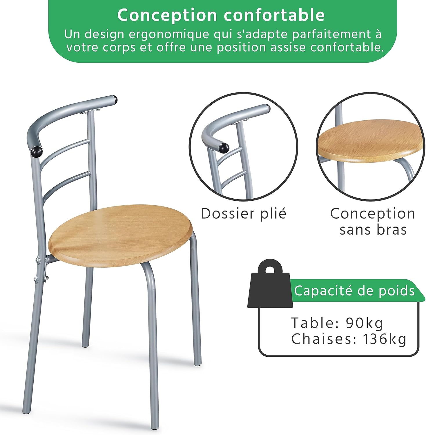 Yaheetech - ensemble table à manger ronde 90x53x75,5cm bois/métal 3 pièces