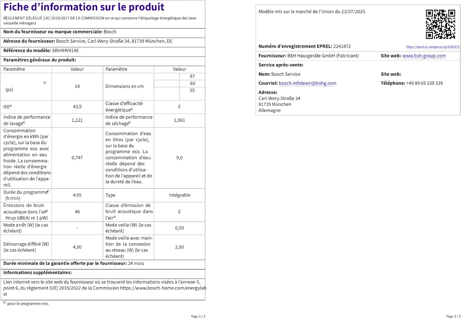Bosch - Série 4 - 60 cm encastrable - grande hauteur - SBV4HVX14E
