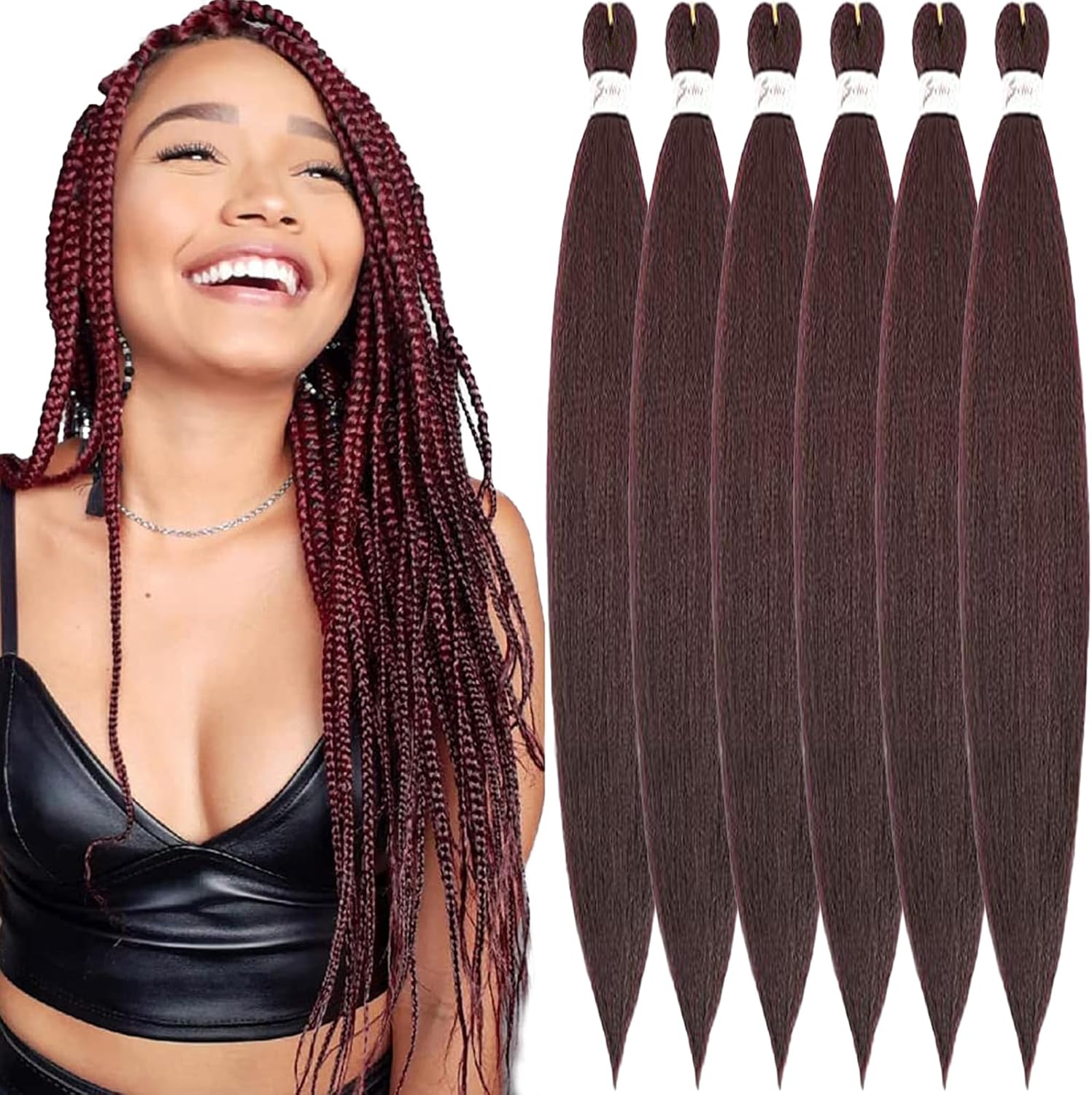 Rajout cheveux tressés pré-étirés - 30 pouces - Kanekalon, vin rouge, 6 paquets, doux et synthétique - 99J