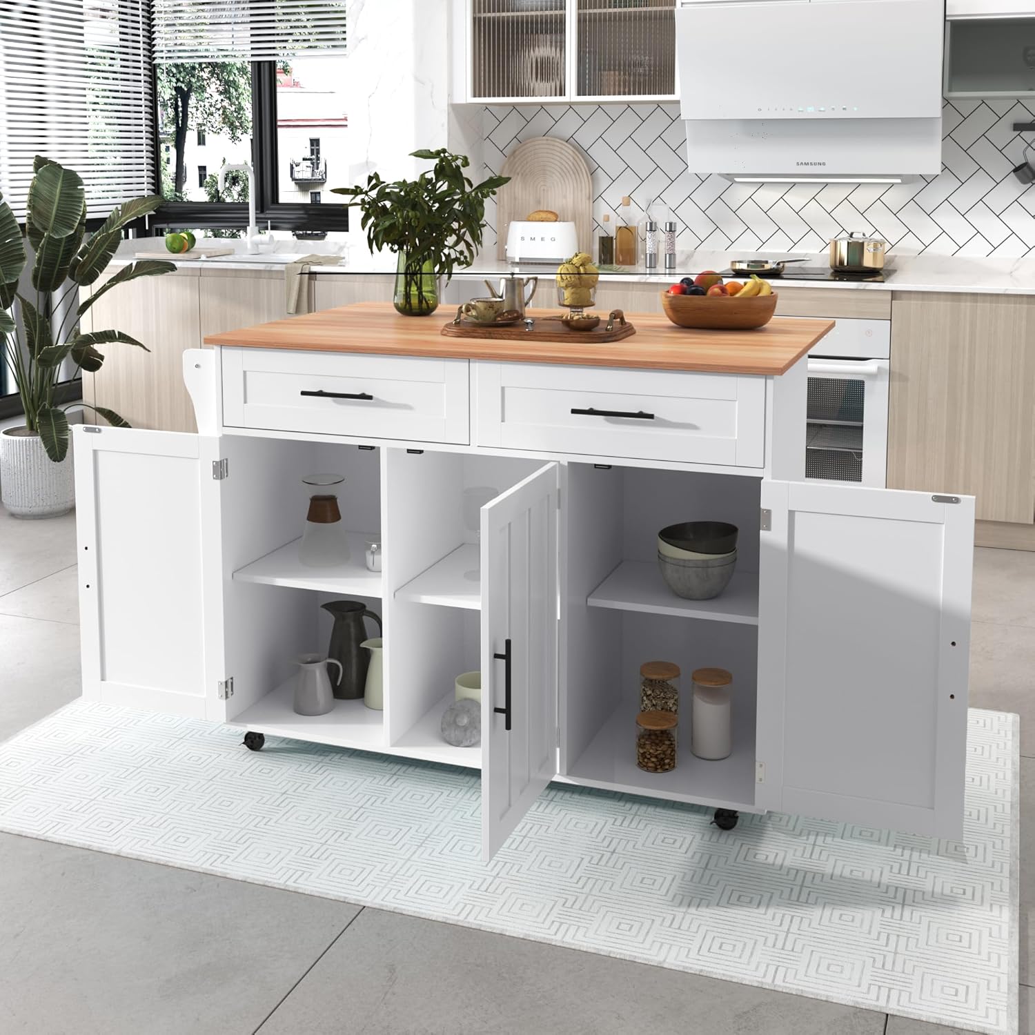 Desserte cuisine îlot - plans rabattables, 2 tiroirs, 3 portes, 129x71x91,5cm