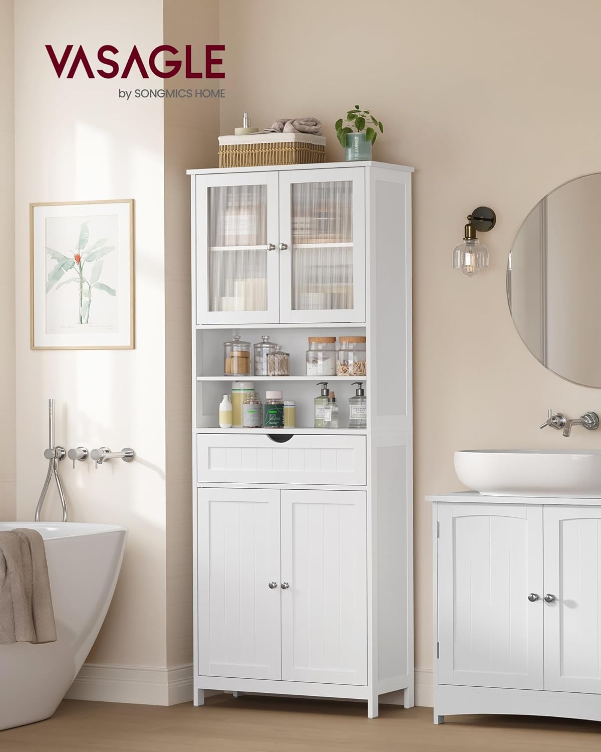 VASAGLE - Armoire salle de bain réglable, tiroir, blanc, 60x30x80cm BBC768W01