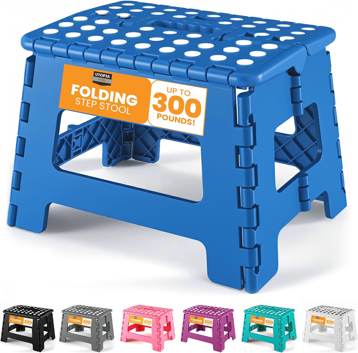 Utopia Home - Tabouret pliant 23cm - surface antidérapante, poignée, robuste, charge 272kg, bleu