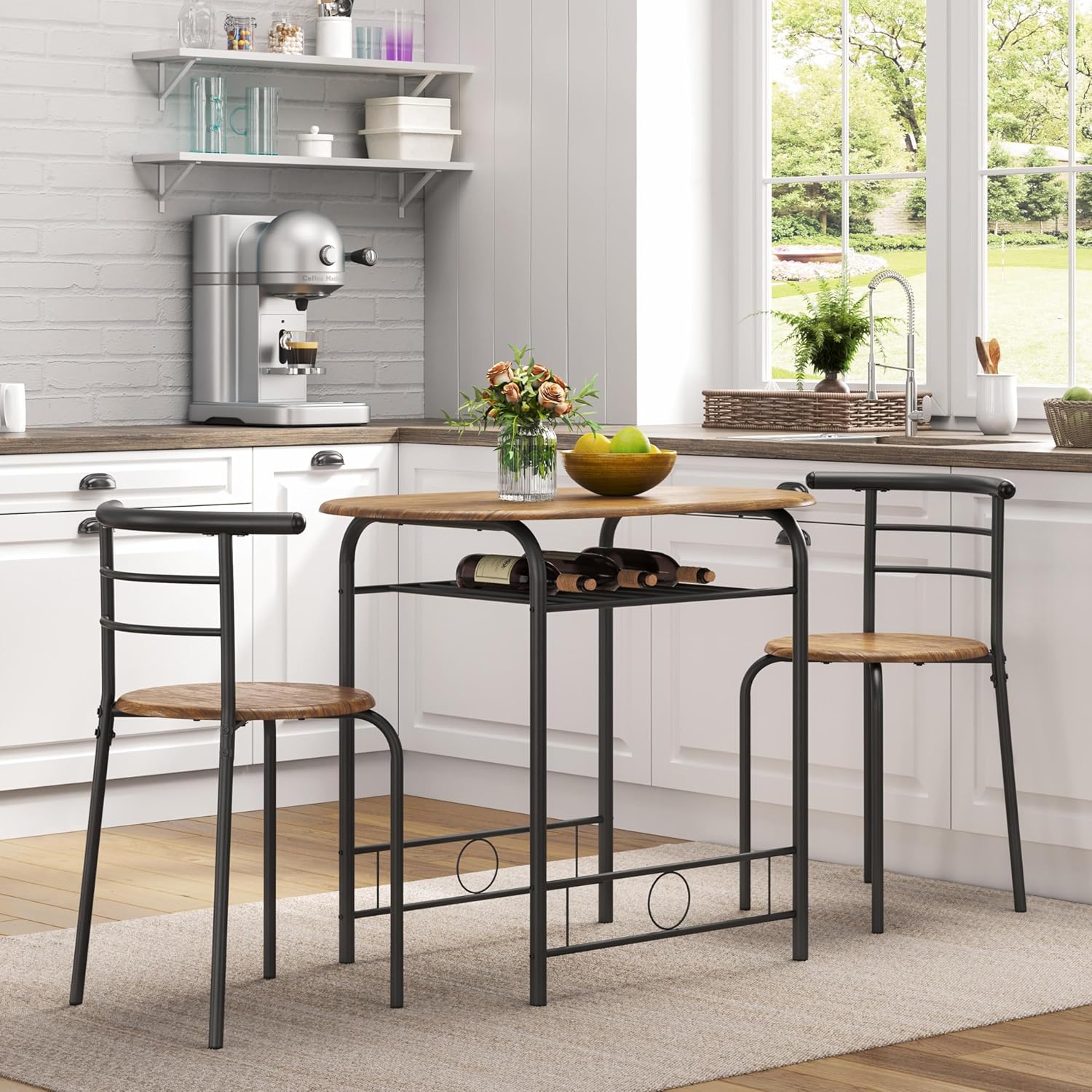 Yaheetech - Ensemble table ronde 3 pièces petit espace, porte-bouteilles, bois, 2 chaises, dimensions compactes