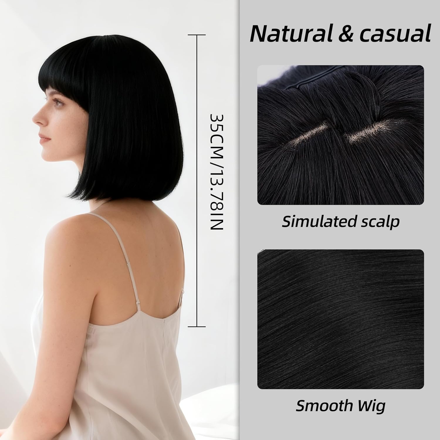 Perruque femme noire - carré court 35 cm - synthétique, bonnet ajustable