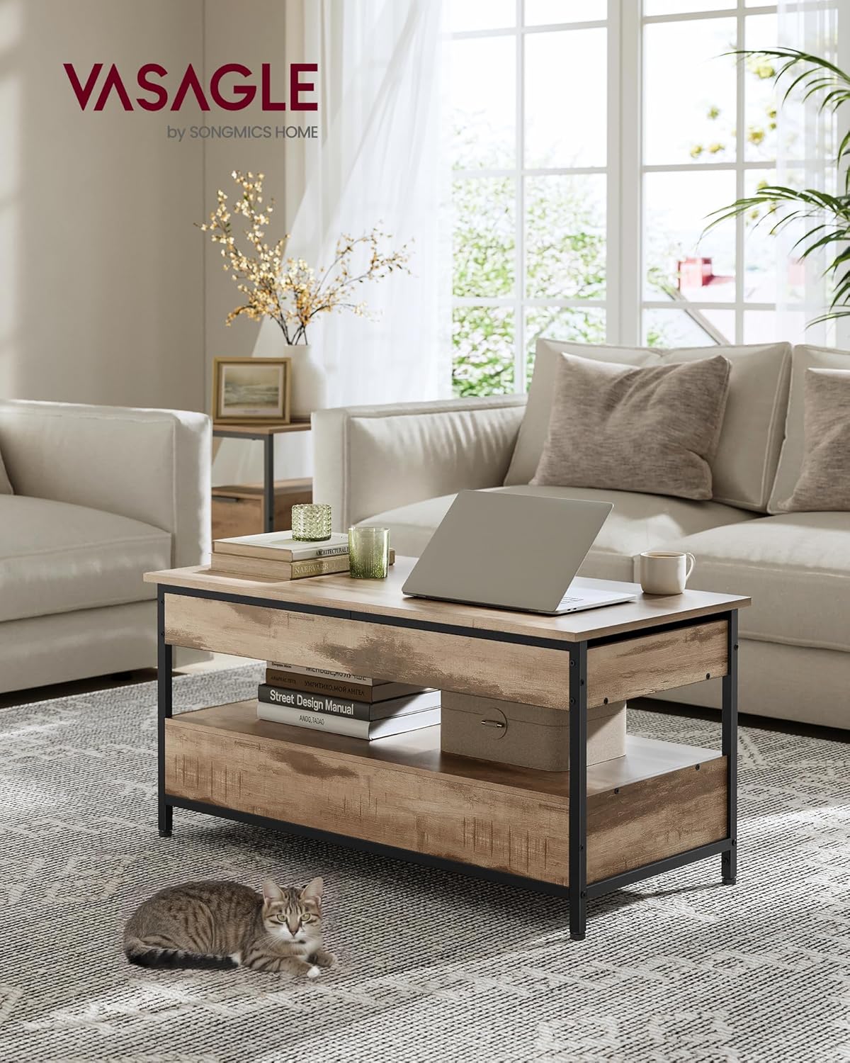 VASAGLE - Table basse, plateau relevable, rangements, marron/noir, LCT209K02