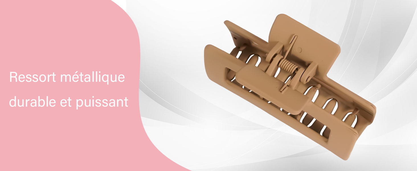 Pince à cheveux en plastique marron avec plusieurs griffes métalliques affichées sur fond rose et blanc avec texte en français
