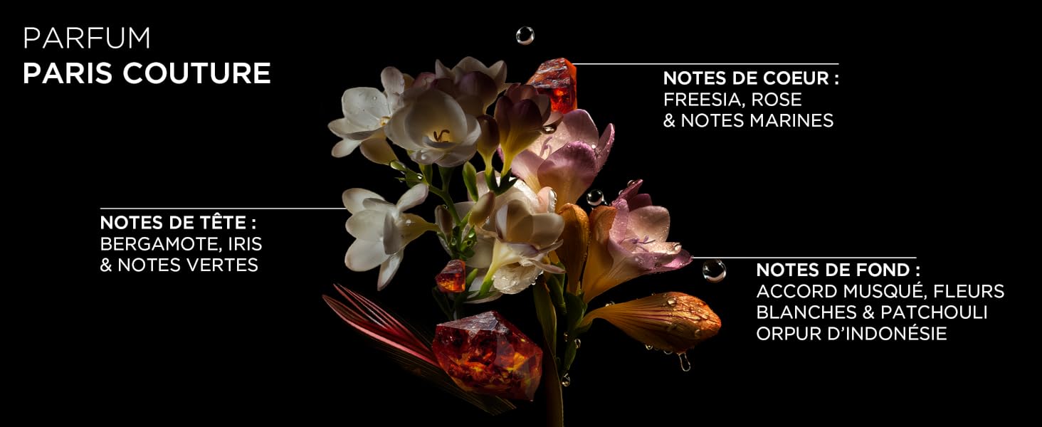 Le texte indique « PARFUM PARIS COUTURE » avec « NOTES DE TÊTE ». Composition artistique sombre avec des éléments floraux dorés sur fond noir.