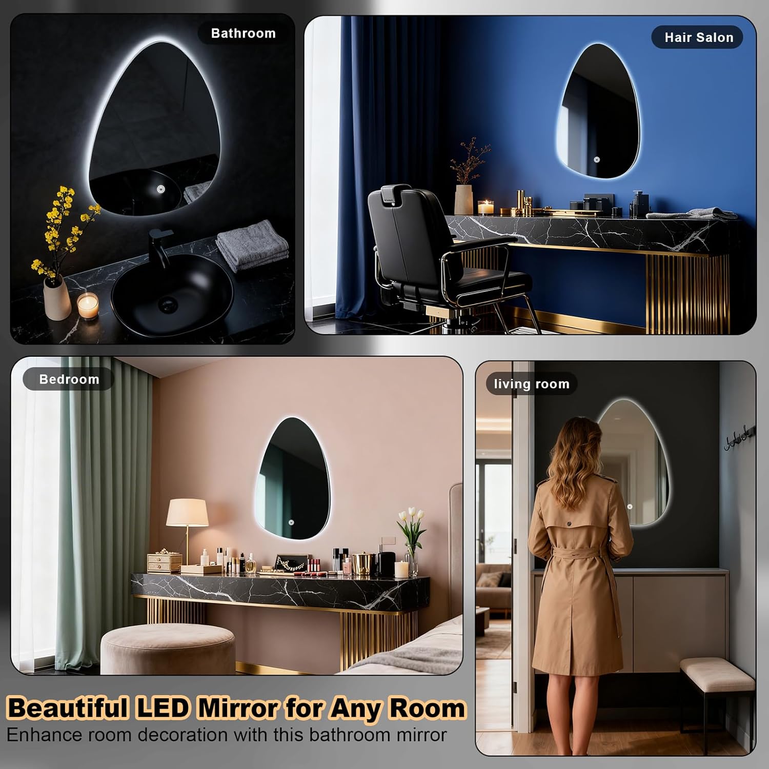 Miroir de Salle de Bain - LED, tactile, 3 couleurs, 60x40 cm