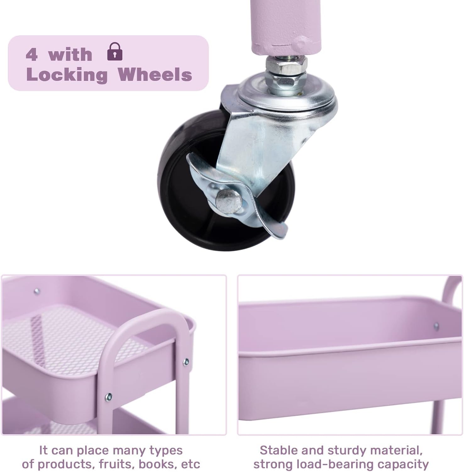 DOEWORKS - Chariot à roulettes 3 niveaux métal - rangement cuisine, chambre et bureau - Violet clair