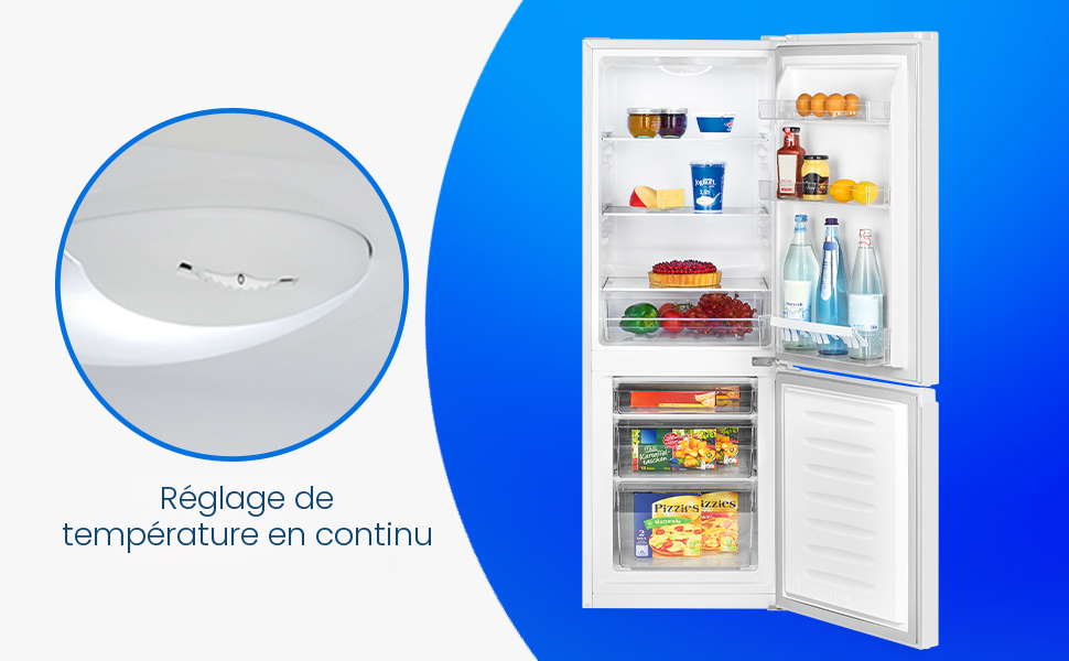 Le texte indique « Réglage de température en continu ». Plusieurs vues de l'intérieur du réfrigérateur montrant des étagères et des compartiments de rangement dotés d'une fonction de contrôle de la température.