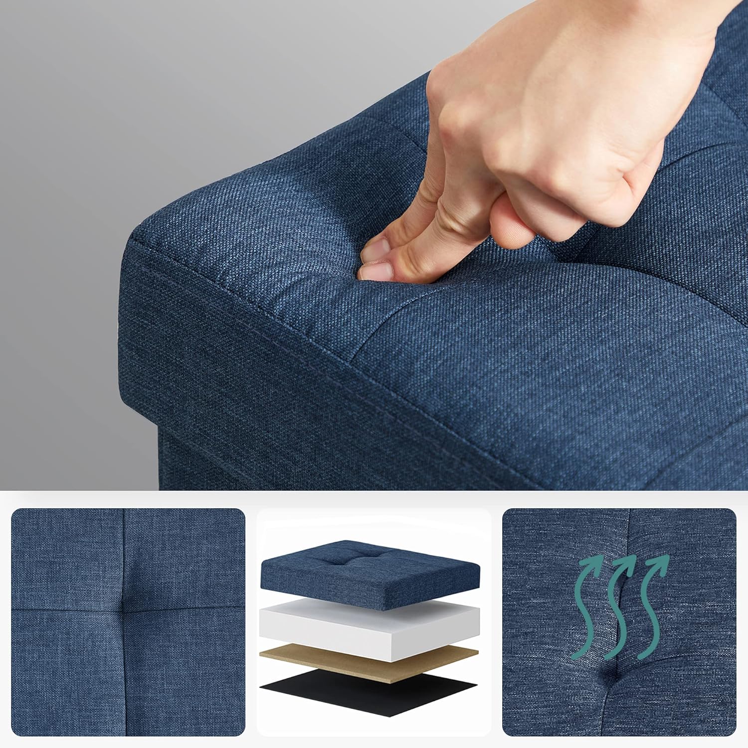 SONGMICS - petit pouf pliable - 38x38x40 cm - rangement robuste, bleu, LSF14IN