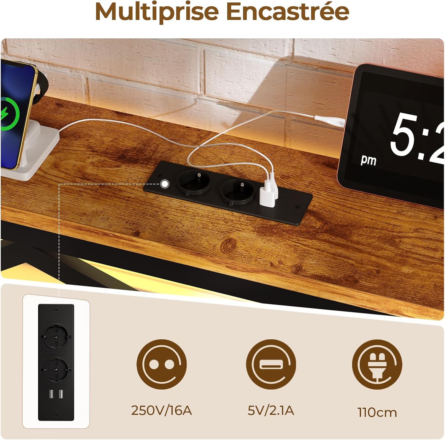 DICTAC - lit double métal LED, 140x190 cm, USB, rangement, vintage