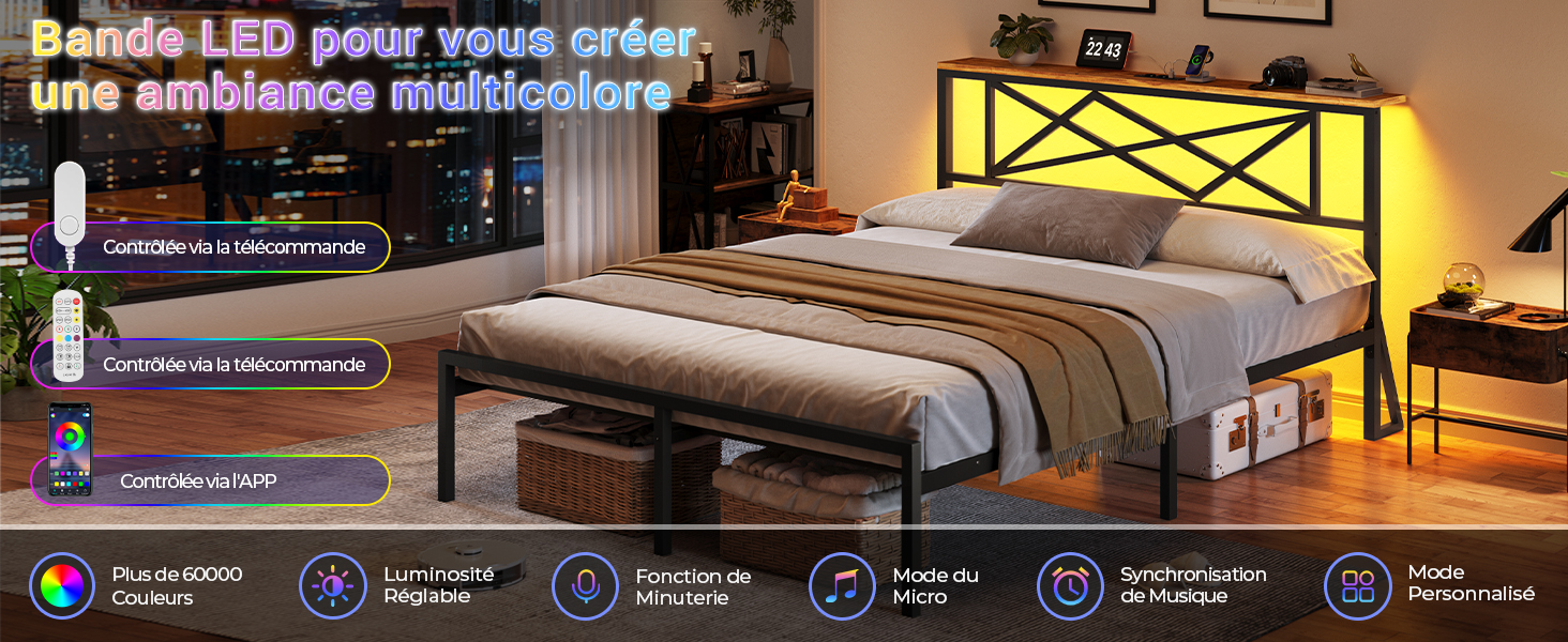 montrant la configuration de la chambre à coucher avec tête de lit illuminée. L'interface affiche plusieurs options de couleur et de contrôle.