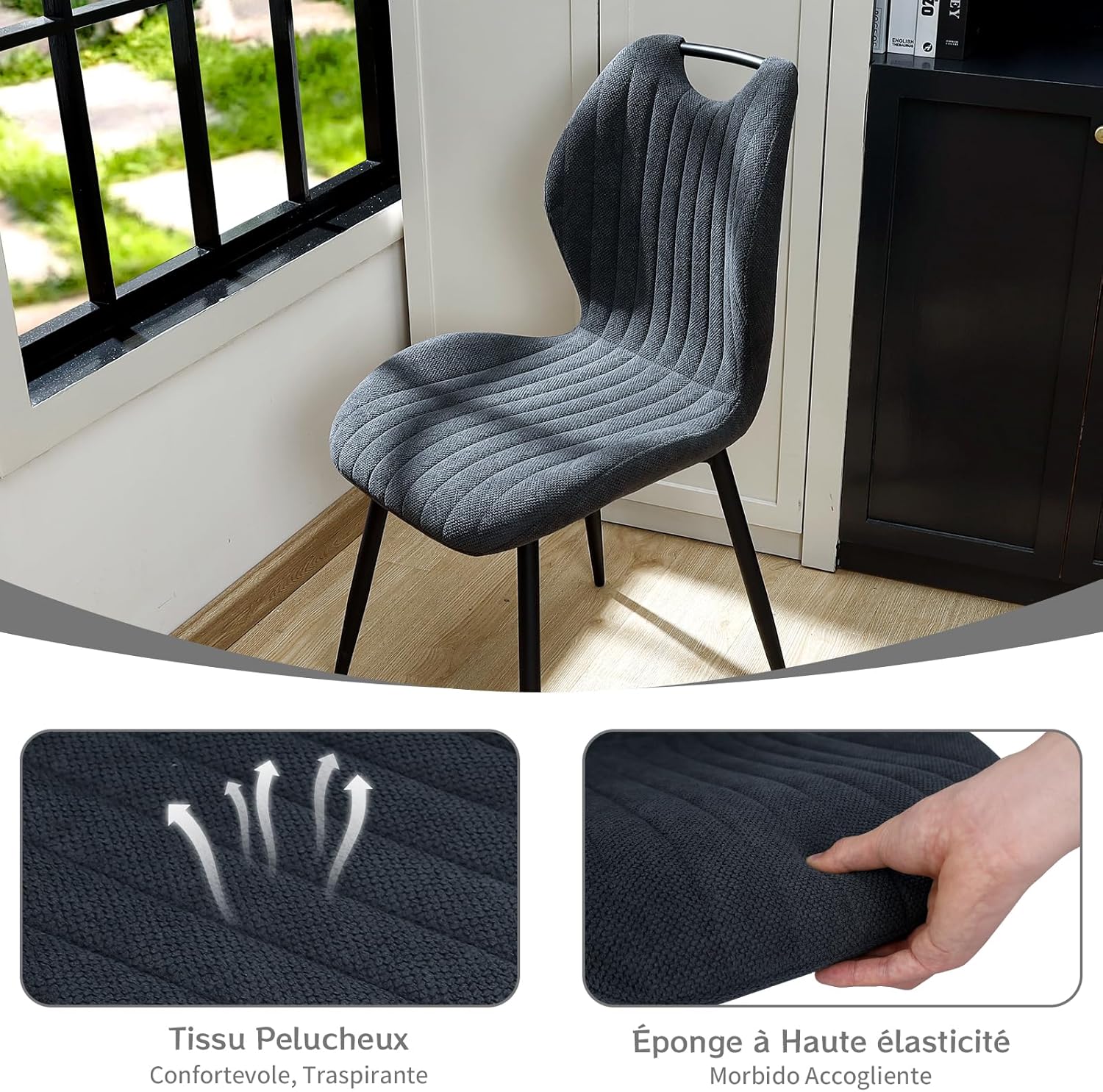 Chaises de salle à manger - lot de 6 - tissu gris foncé, pieds métal, dossier tapissé, assise confortable