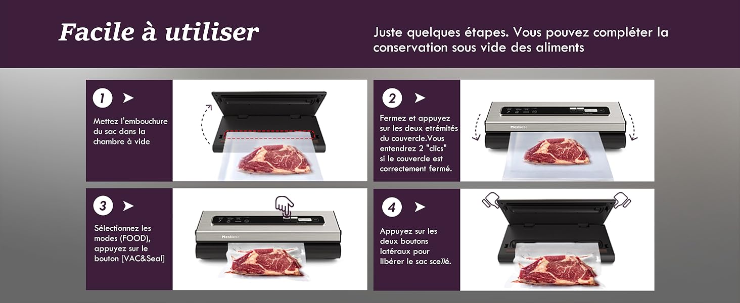 illustrant l'utilisation des scelleuses sous vide en quatre étapes, illustrant le processus de scellage de la viande crue dans