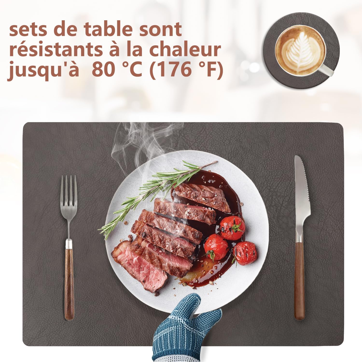 Sets de table - lot de 6, cuir PU double face, 43x30cm, lavables
