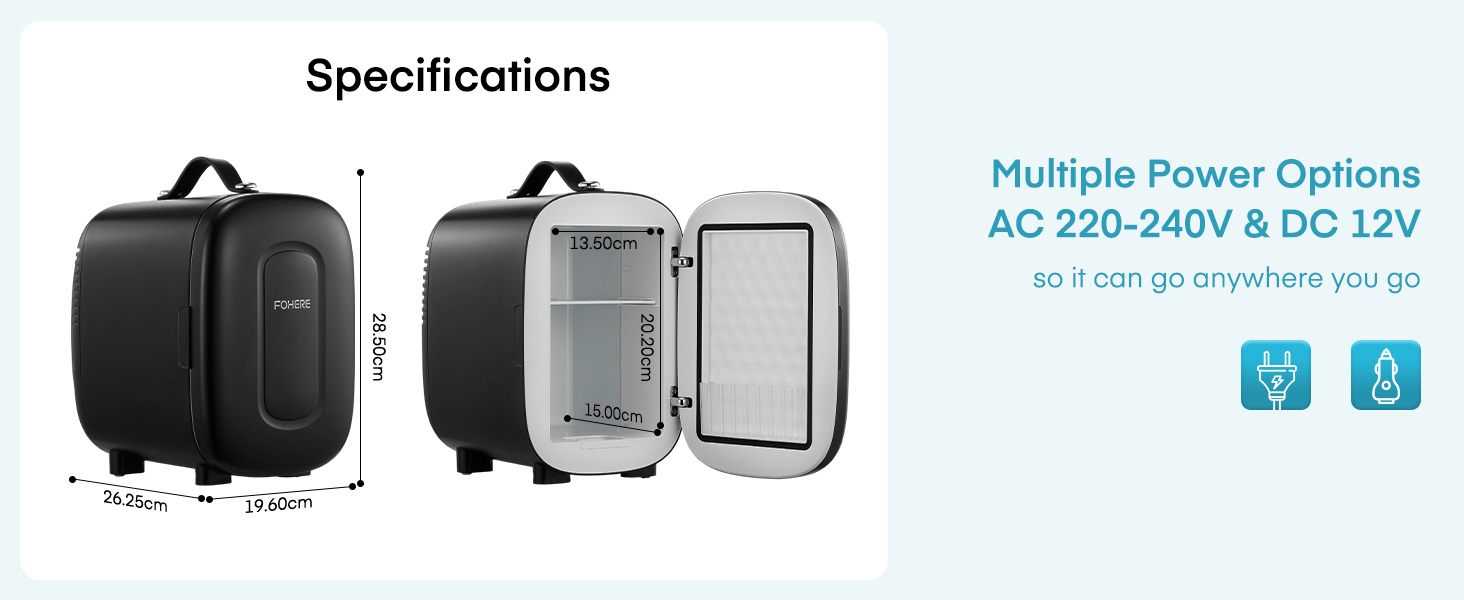 Le texte indique « Spécifications » et « Options d'alimentation multiples AC 220-240 V et DC 12 V ». Spécifications techniques du produit avec icônes d'alimentation et silhouettes de l'appareil.