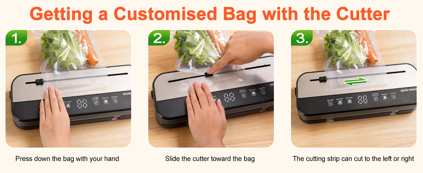 Le texte indique « Obtenir un sac personnalisé avec le cutter ». Images étape par étape montrant des mains actionnant une machine à sceller sous vide pour la création de sacs personnalisés.