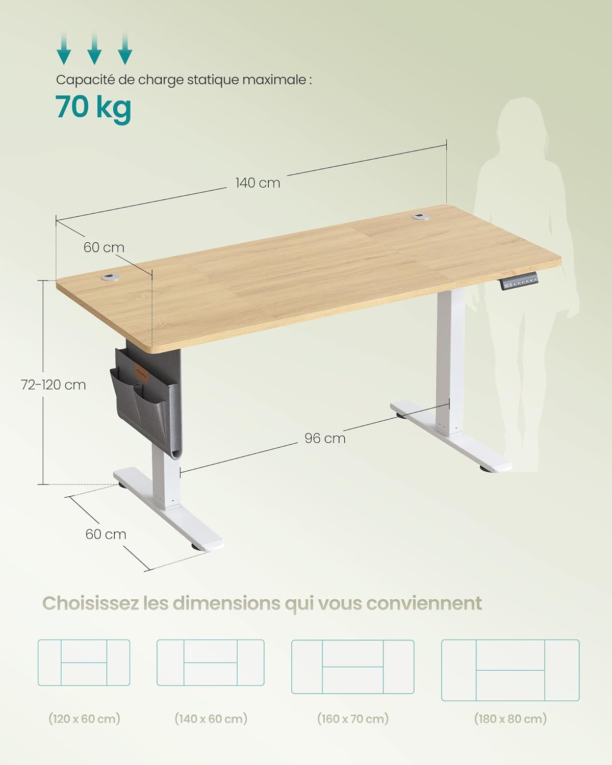 SONGMICS - bureau électrique série LSD - 140x60 cm - hauteur réglable, mémoire 4 positions, doré chêne LSD134YA01