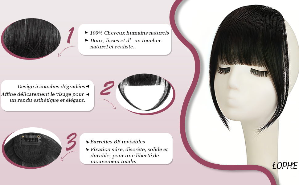 Guide d'installation de la rallonge de cheveux en trois étapes montrant une pièce à cheveux synthétiques noire avec une frange. Les instructions détaillent le placement des clips et le processus de fixation.