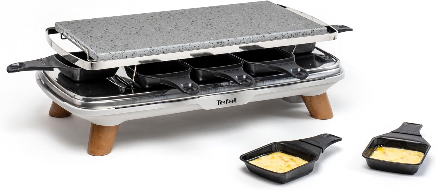 Tefal - Raclette Pierrade PR620D12 - 8 coupelles profondes, pierre naturelle, 1350W, pieds effet bois