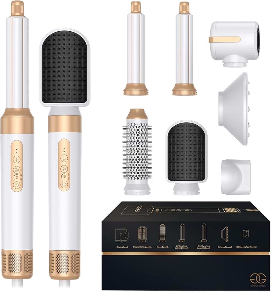 Golden Goods - Airstyler 7-en-1 - 7 accessoires - sèche, lisse, boucle, White/Gold