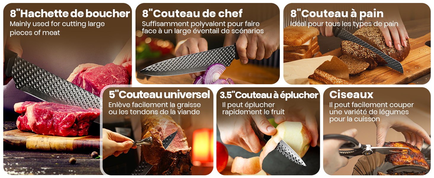 Collection de couteaux de cuisine professionnels présentée en six panneaux, présentant différents types de couteaux, notamment un couperet, un couteau de chef et un couteau à pain aux manches texturés