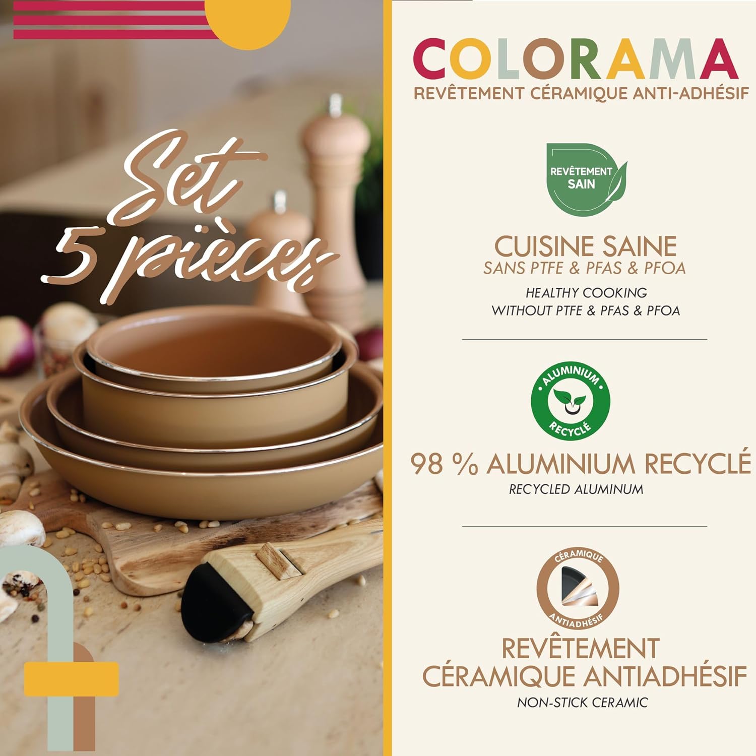 MENASTYL - Colorama - 2 poêles, 2 casseroles, poignée - céramique, induction, sans PFAS