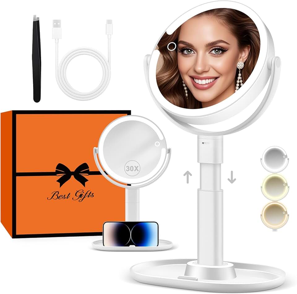 B Beauty Planet - miroir maquillage 2 faces - éclairé LED, 30X, 3 couleurs, hauteur réglable, blanc