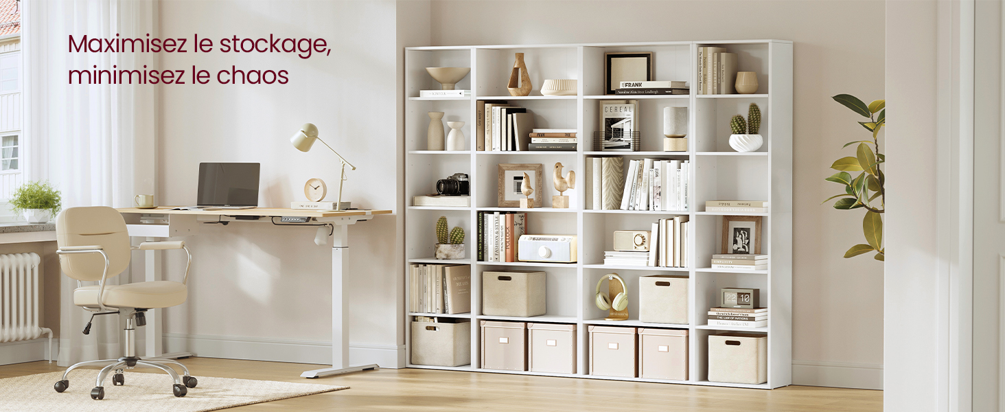 avec espaces de rangement pour bureau à domicile. Bureau avec ordinateur portable et chaise visibles. Le texte se lit comme suit : « Maximisez le stockage, minimisez le chaos