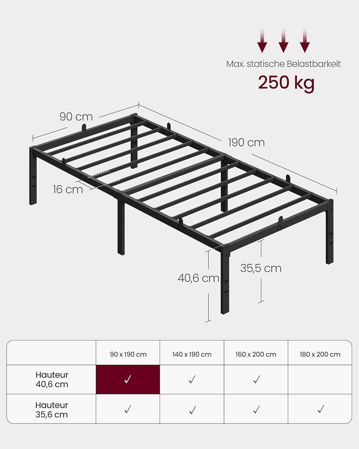 VASAGLE - cadre de lit moderne 90x190cm métal rangement facile RMB151BD01