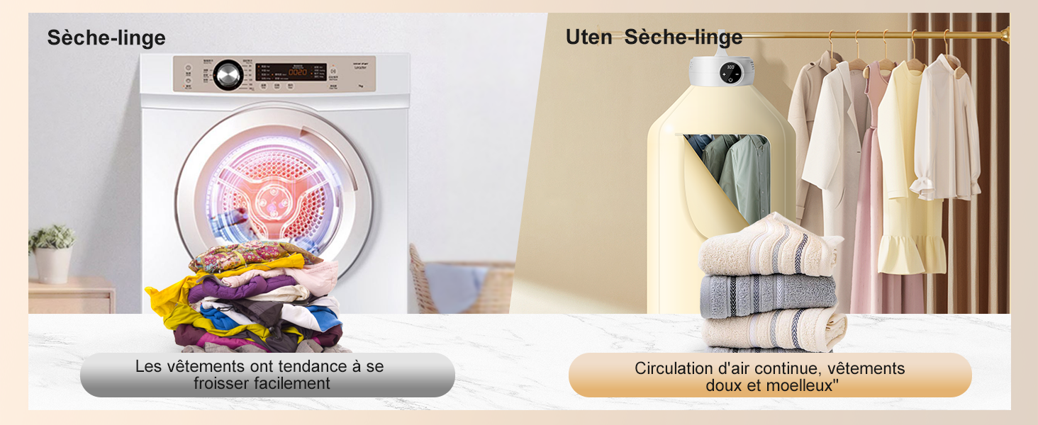 Comparaison en images fractionnées montrant une machine à laver avec des articles de lessive et un système d'organisation des placards avec des vêtements suspendus et des draps pliés