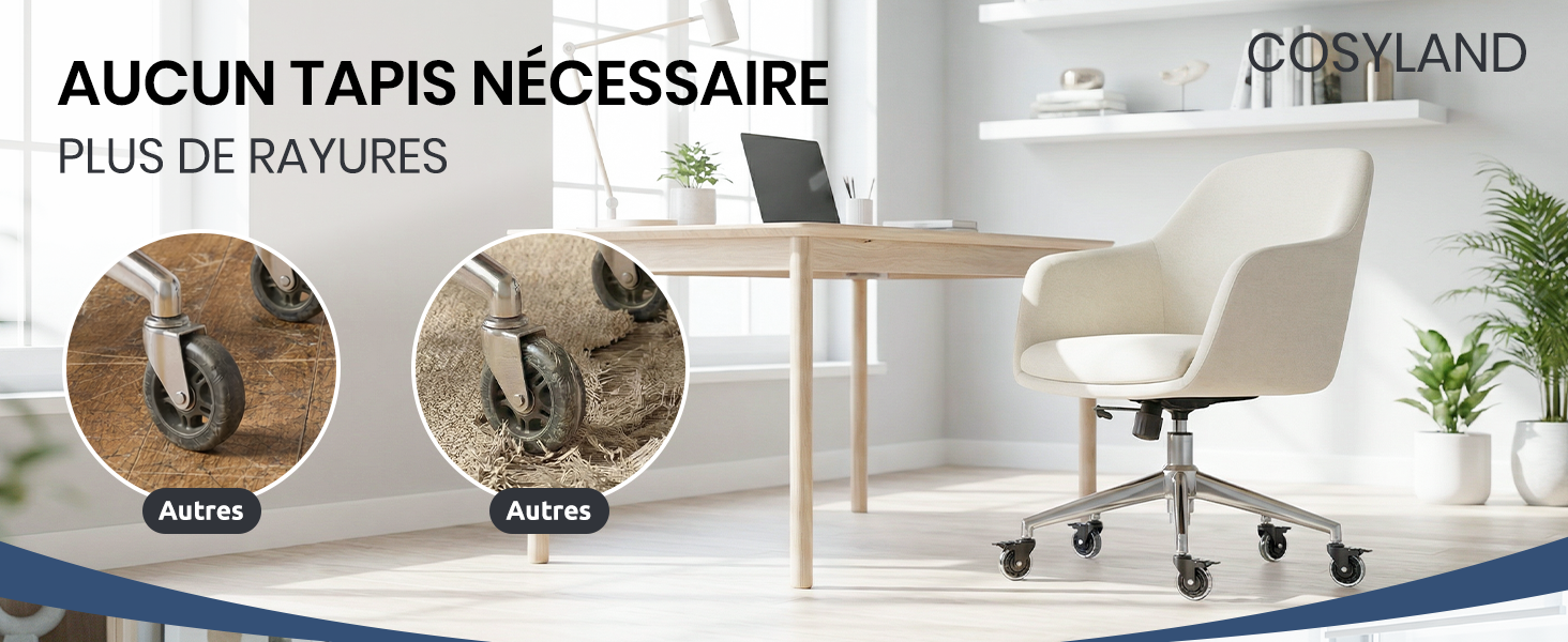 Le texte indique « AUCUN TAPIS NECESSAIRE » et « PLUS DE RAYURES ». Chaises de bureau dans un environnement de travail moderne avec comparaison avant/après montrant la fonction de protection du sol.