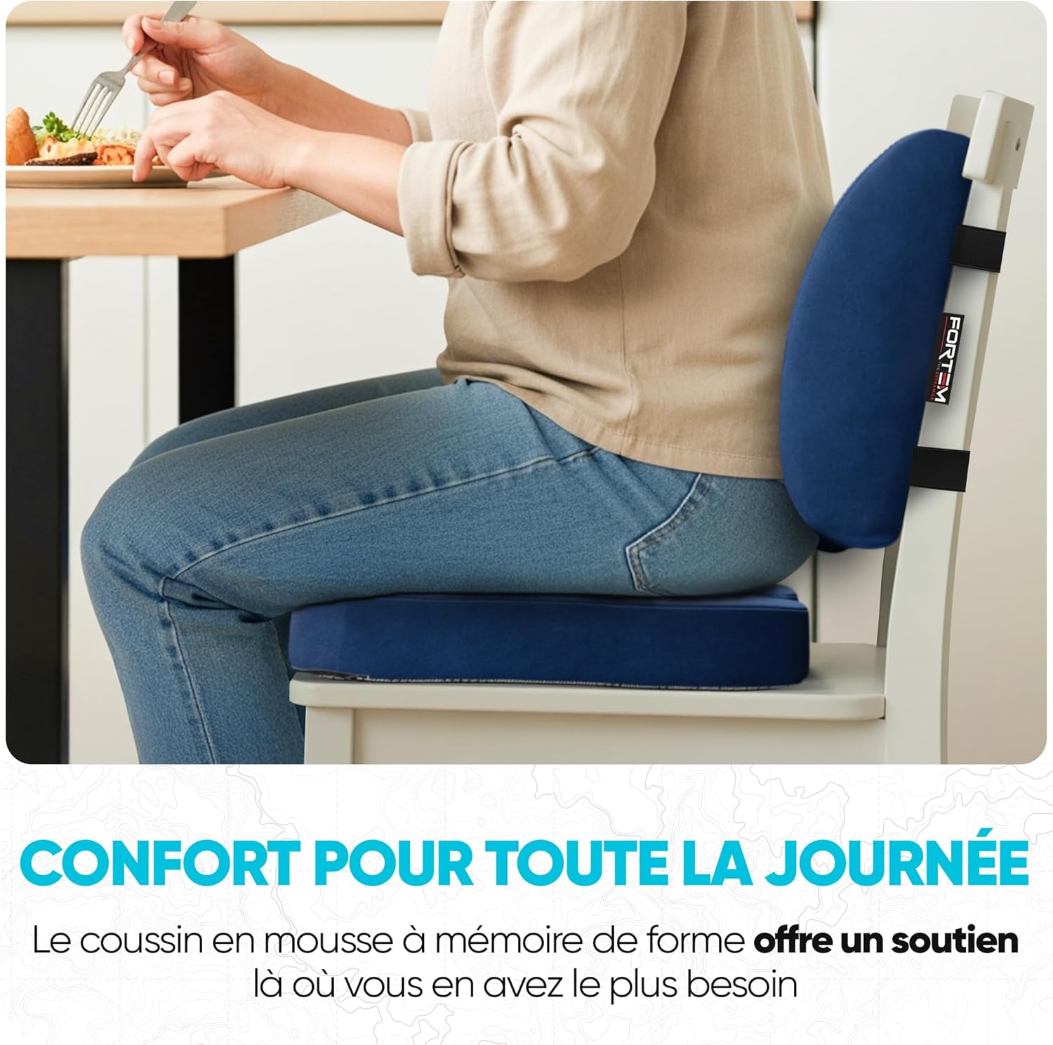 FORTEM - coussin lombaire/assise mémoire de forme - antidérapant - soutien dos et confort chaise/auto