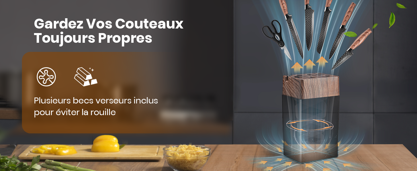 avec présentoir à couteaux et texte en français sur la propreté des couteaux, avec des symboles de citron et de nettoyage.