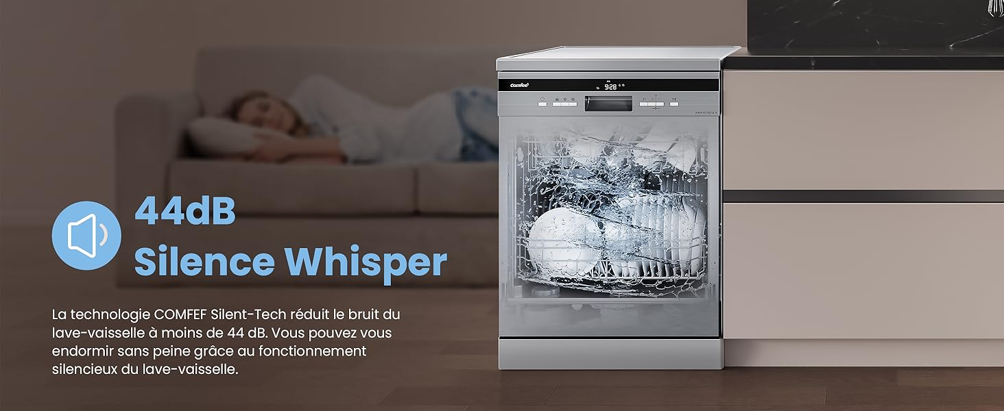 Le texte indique « 44 dB » et « Silence Whisper ». Schéma technique du produit montrant les caractéristiques de réduction du bruit avec des indicateurs de mesure en décibels.