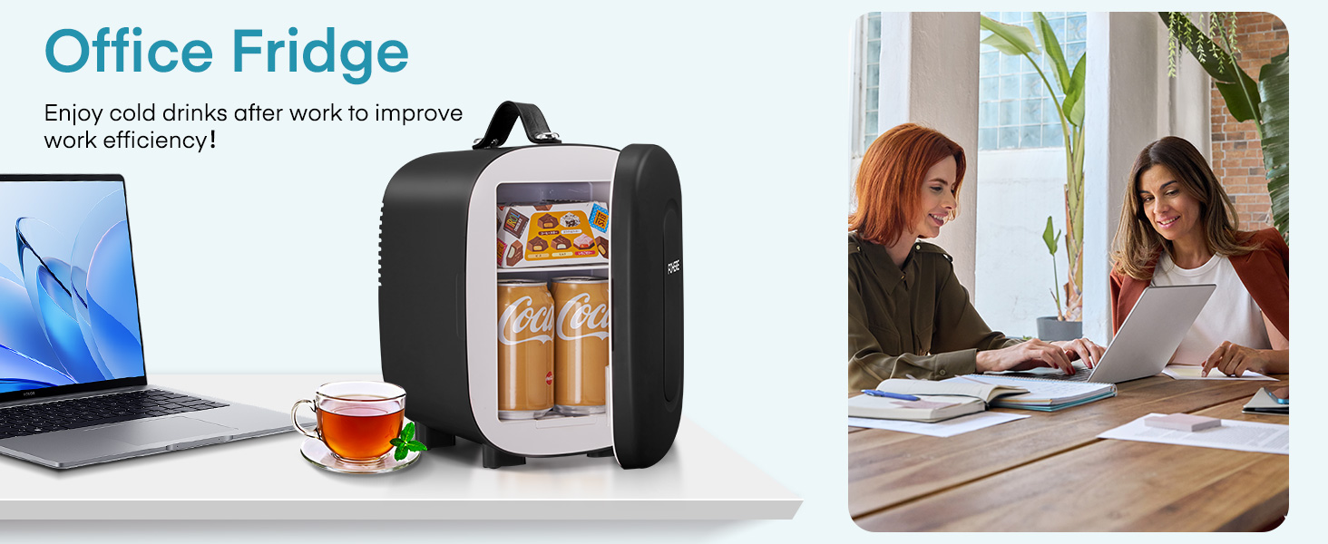 Le texte indique « Réfrigérateur de bureau ». Images du style de vie d'un produit montrant un mini-réfrigérateur compact utilisé dans un environnement de bureau, avec des personnes dégustant des boissons et travaillant à leur bureau.