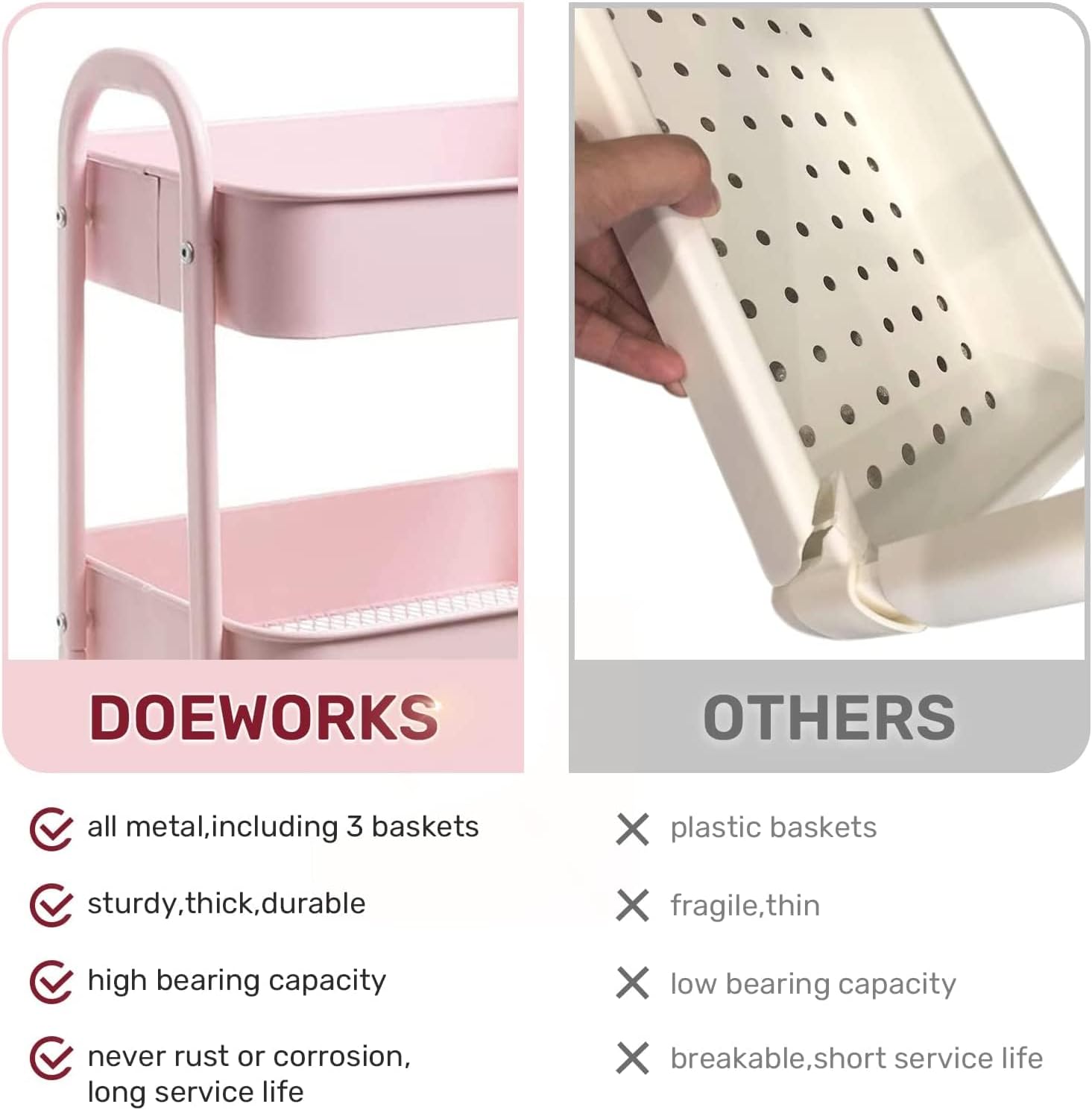 DOEWORKS - chariot 3 niveaux métal rose, tiroir, compact, cuisine, chambre