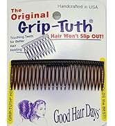 Le texte se lit comme suit : « The Original Grip-Tuth », « Handmade in USA », « Hair Won't Slip Out », « Good Hair Days ». Peigne à cheveux en plastique brun avec des dents étroitement espacées.
