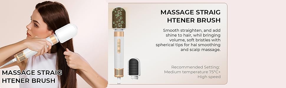 Présentation du produit d'une brosse de massage à lisser montrant l'appareil et son emballage avec un texte d'instructions.