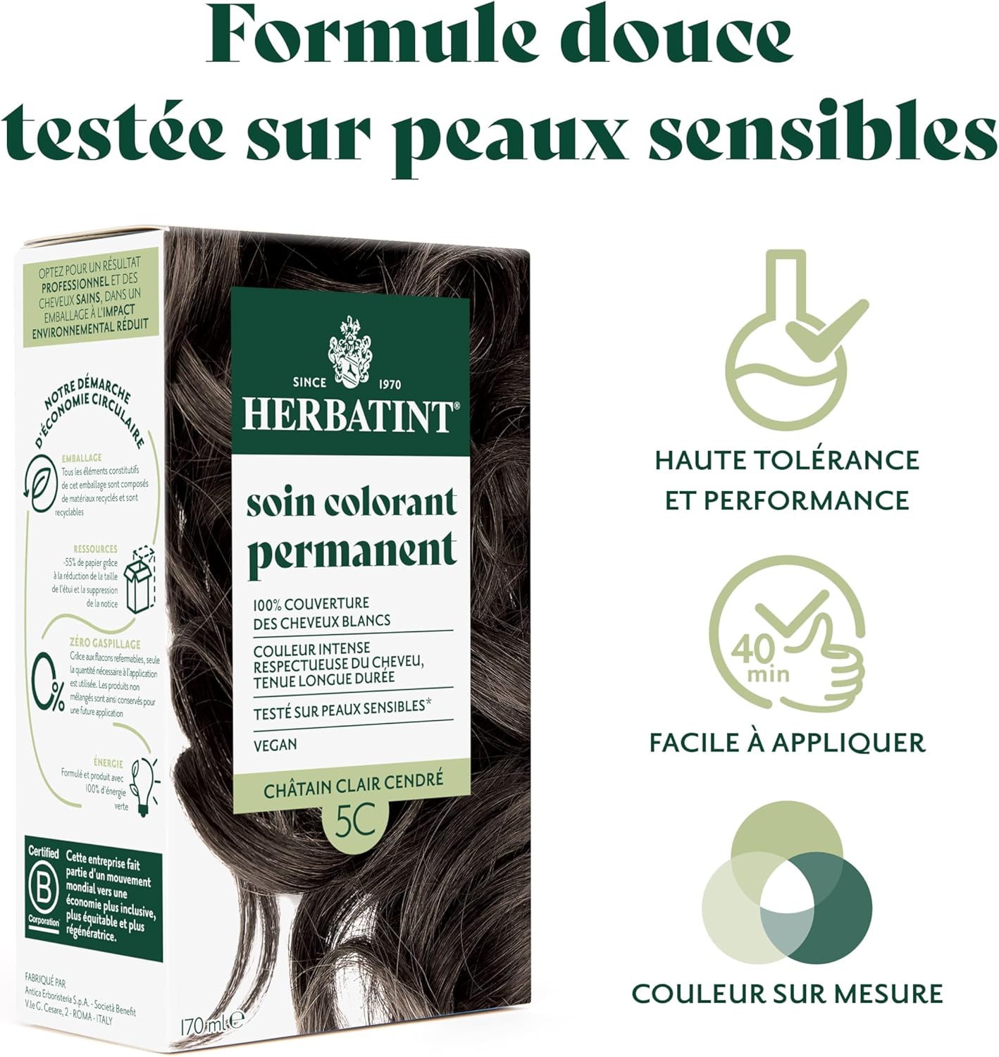 Herbatint - soin colorant permanent - 170ml - sans ammoniaque, 8 extraits bio, couverture 100% cheveux blancs, 5C