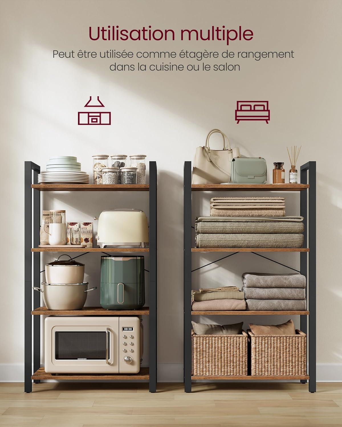 VASAGLE - étagère 4 niveaux, style industriel, 30x66x120cm, LLS60BX