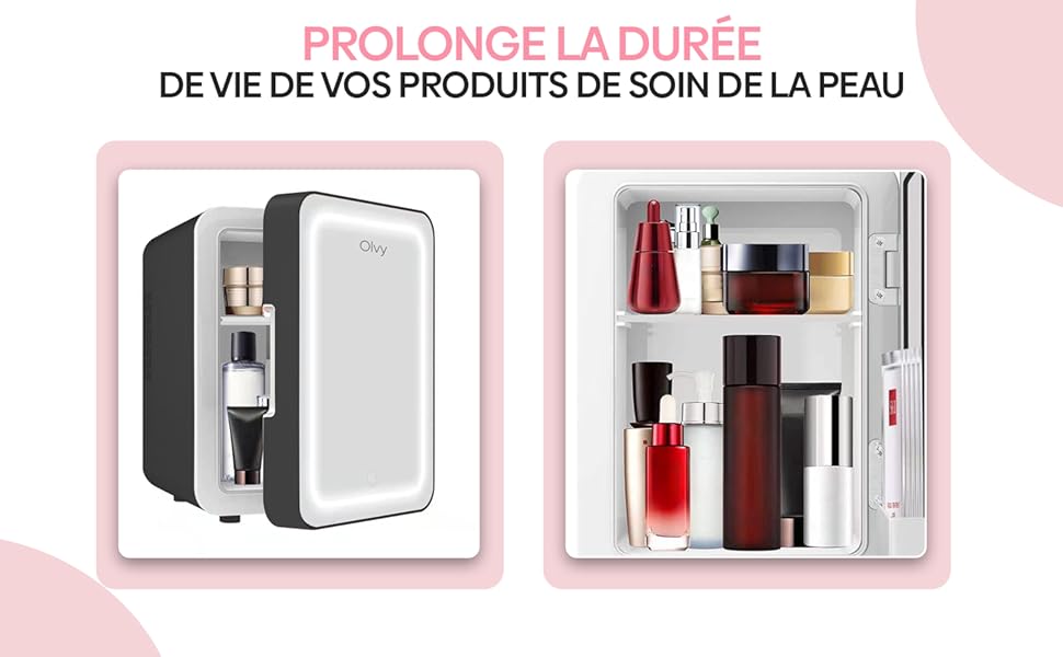 Le texte se lit comme suit : « DE VIE DE VOUS ET DE SOIN DE LA PEAU ». Image à panneau divisé montrant une armoire de rangement pour produits de beauté avec intérieur éclairé présentant divers articles cosmétiques.